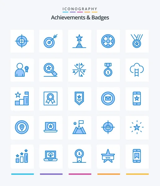 Creative Achievements Badges Blue Icon Pack Medals Wreath Achievement Award — Stock Vector