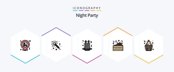 Night Party Filledline Icon Pack Including Cupcake Cake Cake Pizza — 图库矢量图片