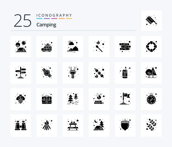 Camping Solid Glyph Icon Pack Including Energy Match Bus Flame — Stockvector
