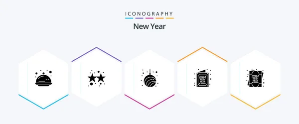 New Year Glyph Icon Pack Including New Greetings Stars Card — Vector de stock