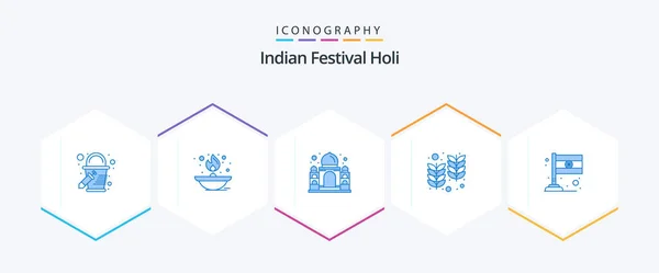Holi Blue Icon Pack Including Flag Wheat Building India Farm — Vettoriale Stock