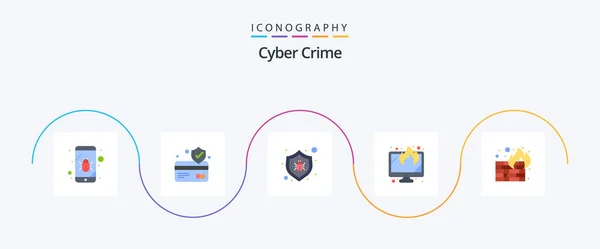 Cyber Crime Flat Icon Pack Including Security Fire Bug Data — Vetor de Stock