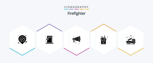 Firefighter Glyph Icon Pack Including Emergency Fire Loud Walkie Talkie — Stock Vector