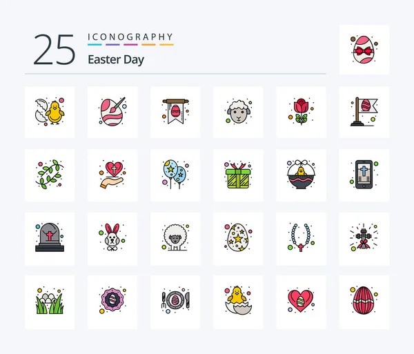 Easter Line Filled Icon Pack Including Flower Sheep Paint Lamb — стоковый вектор