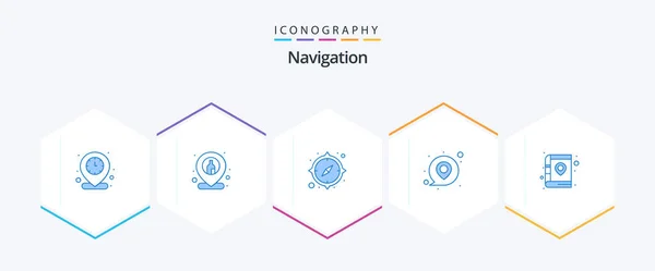 Navigation Blue Icon Pack Including Book Map Compass Location Message — Stockvector
