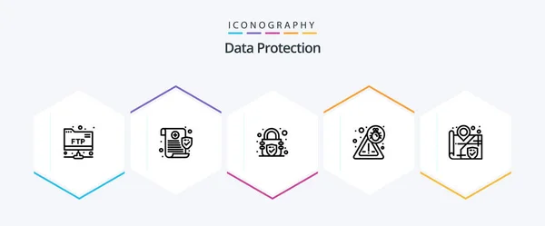 Data Protection Line Icon Pack Including Surveillance Lock Security Virus — 图库矢量图片