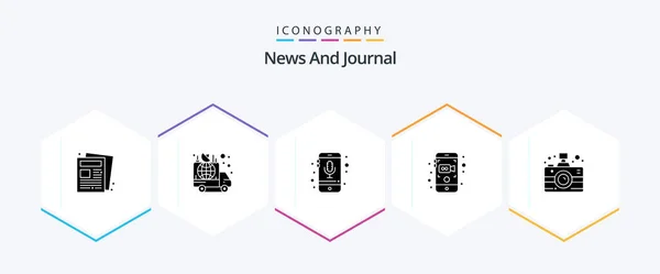 News Glyph Icon Pack Including Mobile Recording Mobile News Camera — Stock vektor