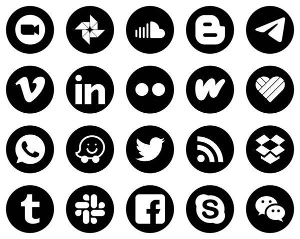 High Definition White Social Media Icons Black Background Flickr Linkedin — Wektor stockowy