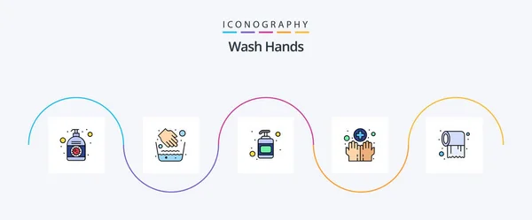 Wash Hands Line Filled Flat Icon Pack Including Roll Washing — Vettoriale Stock