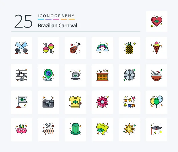 Brazilian Carnival Line Filled Icon Pack Including Fruits Food Instrument — Stockový vektor