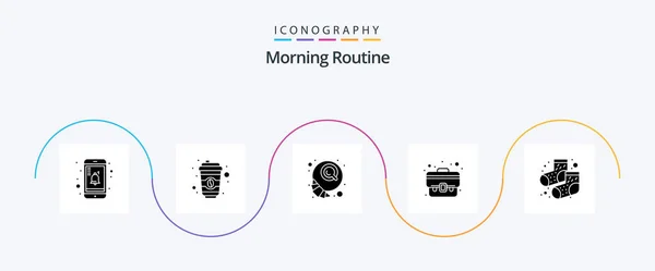 Morning Routine Glyph Icon Pack Including Footwear Croissant Dots Suitcase — Stok Vektör