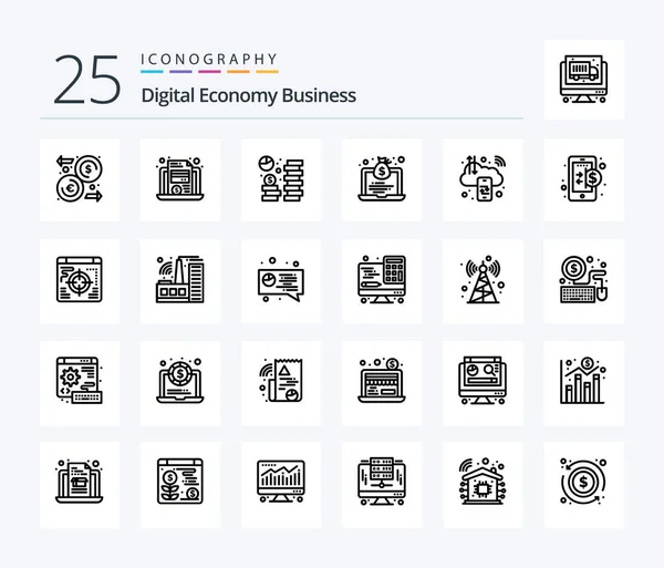 Digital Economy Business Line Icon Pack Including Business Bag Coin — Stok Vektör