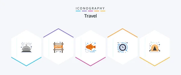 Travel Flat Icon Pack Including Camping Fish Hours — Vector de stock