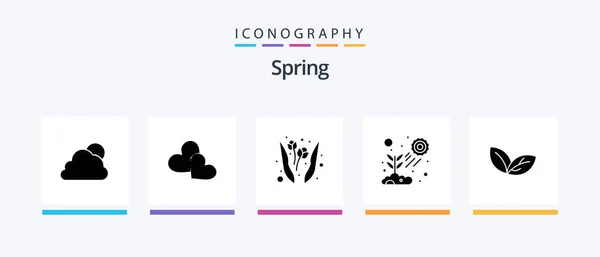 Spring Glyph Icon Pack Including Leaf Growing Flower Sun Light — стоковый вектор