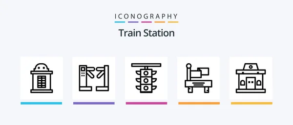Train Station Line Icon Pack Including Station Chair Bell Station — Stockový vektor