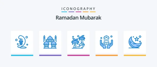 Ramadan Blue Icon Pack Including Ramadhan Pray Moon Arecaceae Tree — Stock vektor