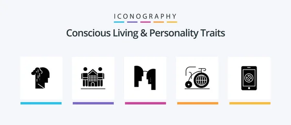 Concious Living Personality Traits Glyph Icon Pack Including Inspiration Bike — Stockový vektor