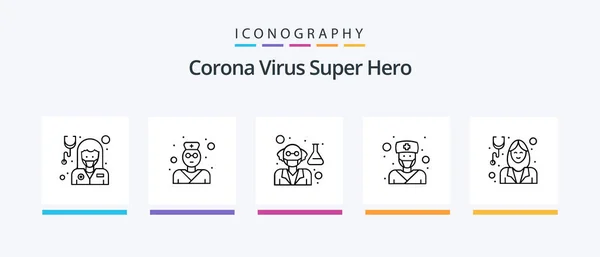 Corona Virus Super Hero Line Icon Pack Including Care Avatar — Stockvector