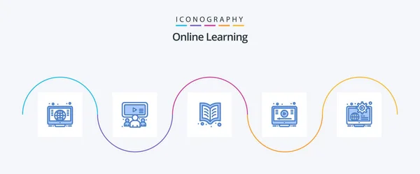Online Learning Blue Icon Pack Including Content Globe Book Youtube — Vettoriale Stock
