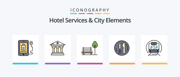 Hotel Services City Elements Line Filled Icon Pack Including Fastfood — Stockvector