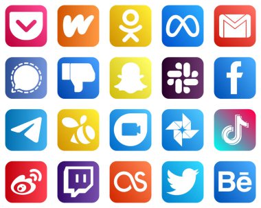 Complete Social Media Icon Pack 20 icons such as fb. slack. mail. snapchat and dislike icons. High resolution and fully customizable