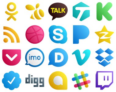 20 Gradient Icons for Top Social Media Platforms such as audio. pocket. dribbble and qzone icons. Minimalist and professional