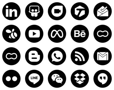 20 Unique White Social Media Icons on Black Background such as whatsapp. blogger. video. women and peanut icons. Elegant and minimalist