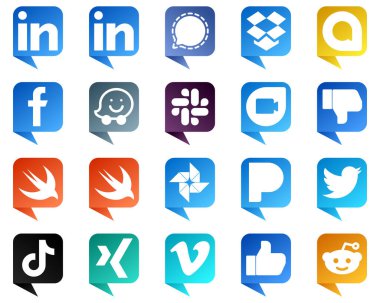 20 Chat bubble style Icons for Top Social Media Platforms such as pandora. swift. fb. facebook and google duo icons. Minimalist and professional