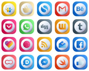 20 Cute 3D Gradient Simple Social Media Icons such as feed. dribbble. behance. likee and wattpad icons. Editable and High-Resolution