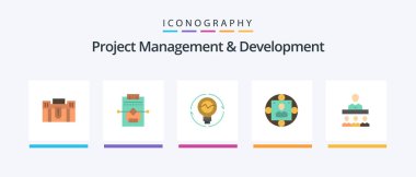 Project Management And Development Flat 5 Icon Pack Including lightbulb. innovation. network. idea. concept. Creative Icons Design