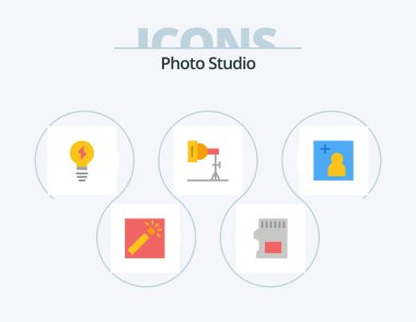 Photo Studio Flat Icon Pack 5 Icon Design. picture. camera. bulb. studio. photo