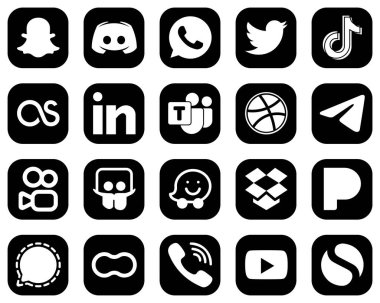 20 Versatile White Social Media Icons on Black Background such as professional. tiktok and linkedin icons. Eye-catching and high-definition