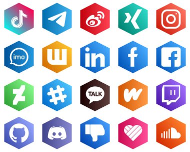 25 Clean White Icons such as audio. weibo. meta and xing icons. Hexagon Flat Color Backgrounds