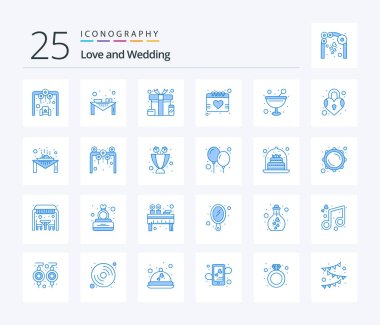 Wedding 25 Blue Color icon pack including drink. valentine. dinner table. love. surprise