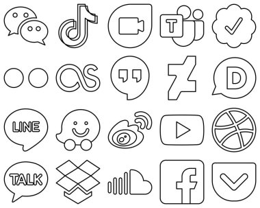 20 Professional Black Outline Social Media Icon Set such as line. deviantart. microsoft team. google hangouts and yahoo icons. Professional and clean