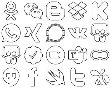 20 Minimalist Black Line Social Media Icons such as video. twitter verified badge. whatsapp and slideshare icons. Versatile and premium
