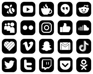 20 High-Definition White Social Media Icons on Black Background such as sound. facebook. myspace. like and meta icons. Professional and clean
