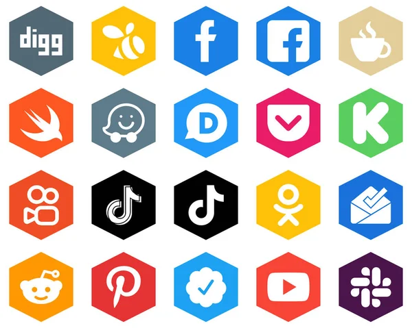 White Hexagon Flat Color Icons Video Tiktok Swift Kuaishou Kickstarter — Wektor stockowy