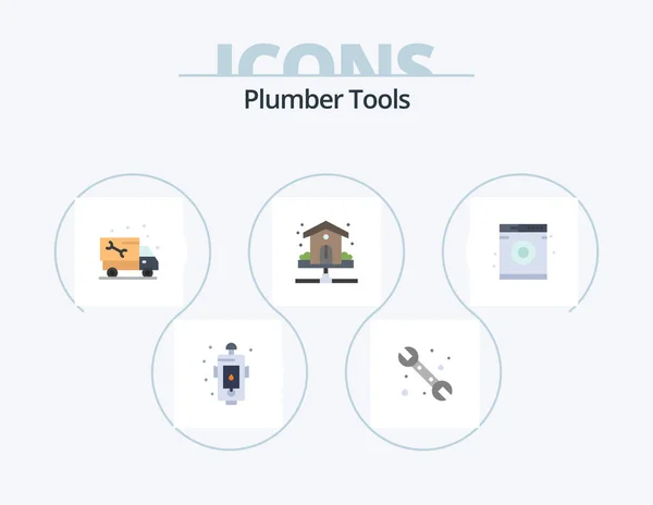 Plumber Flat Icon Pack Icon Design Plumbing Pipe System House — Vetor de Stock