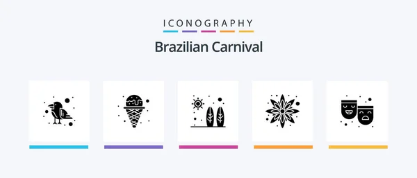 Brazilian Carnival Glyph Icon Pack Including Theater Masks Beach Floral — Stock vektor
