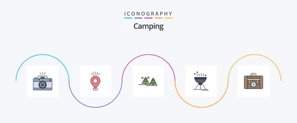Linia Camping Umplut Plat Icon Pack Inclusiv Alimente Gătit Bbq — Vector de stoc
