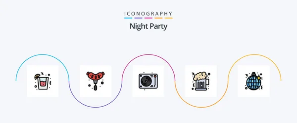 Nacht Party Line Gefüllt Flat Icon Pack Einschließlich Party Musik — Stockvektor