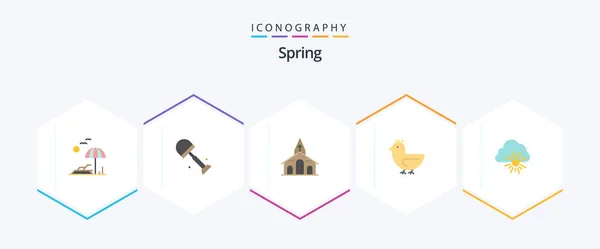 Spring Flaches Icon Pack Mit Natur Frühling Gebäude Schwan Ente — Stockvektor
