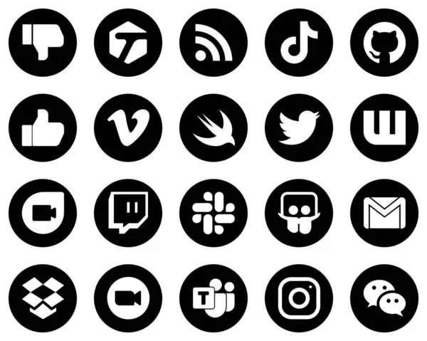 Moderne Weiße Social Media Ikonen Auf Schwarzem Hintergrund Wie Tweet — Stockvektor