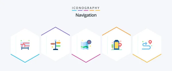 Navigation Flat Icon Pack Including Route Location Map Office Building — Vettoriale Stock