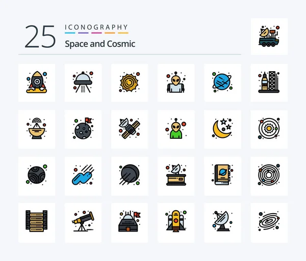 Space Line Filled Icon Pack Including Launch Saturn Astronomy Planet — Stok Vektör