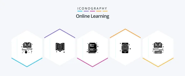 Online Learning Glyph Ikon Pack Inklusive Utbildning Boken Pdf Lärande — Stock vektor