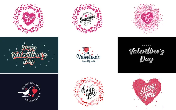 Hand Drawn Black Lettering Valentine Day Pink Hearts White Background — Vettoriale Stock