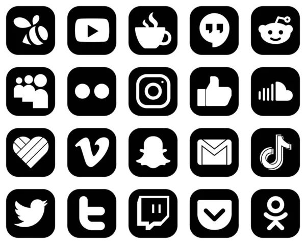 High Definition White Social Media Icons Black Background Sound Facebook — Stockvektor