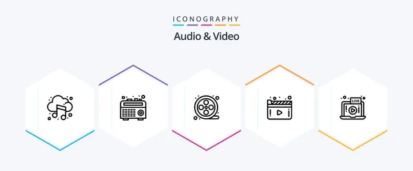 Audio Video Line Icon Pack Including Laptop Video Movie Reel — стоковый вектор